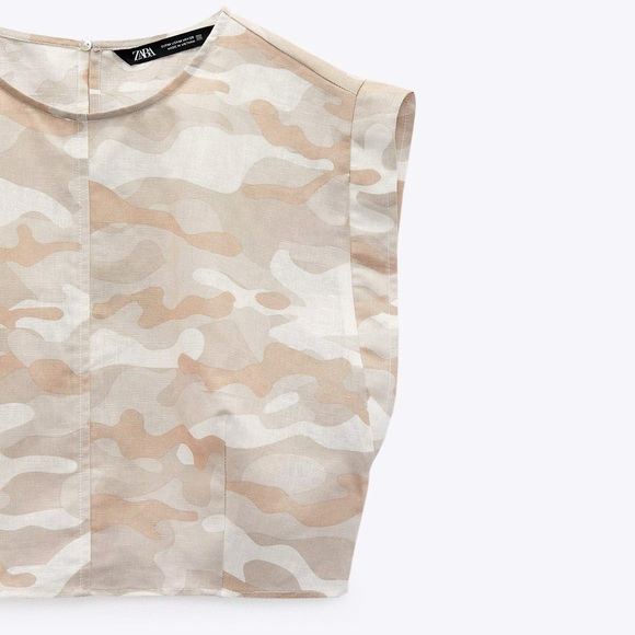 Zara Womenβs Printed Blouse Cream & White Camo Patterned Crop Top (Light Camel) - Picture 3 of 9